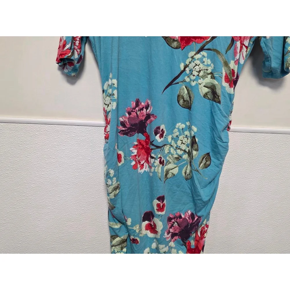 Women's Motherhood Maternity Blue Red Floral Ruched Midi Dress‎ M - Picture 3 of 7
